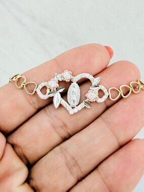 10K Gold Virgin Mary Our Lady of Guadalupe Heart Bracelet  7" -8"
